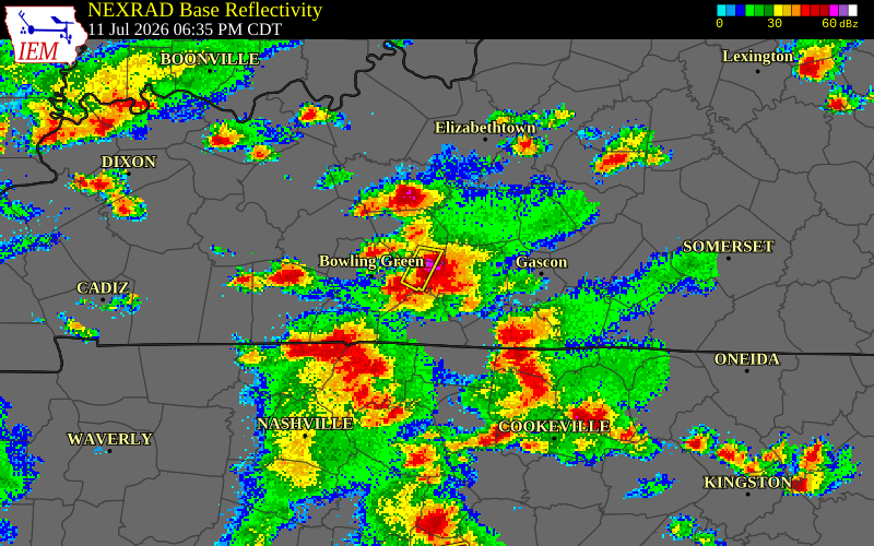 NEXRAD radar during the Saturday, July 11, 2026 storm activity in Barren County, Kentucky