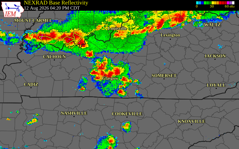 Radar snapshot during the Aug 12, 2026 wind event near Barren County, Barren County, Kentucky, with NWS warning polygons