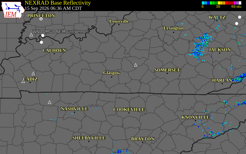 Current NEXRAD radar over Barren County, Kentucky with recent storm report locations