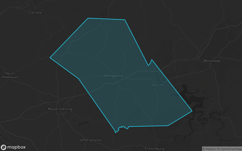 Map of Bath County, Kentucky showing the county boundary and surrounding cities