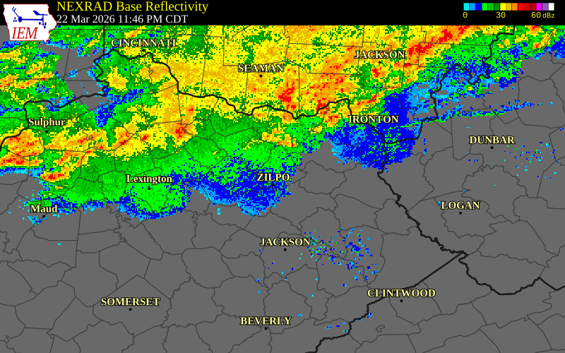 NEXRAD radar during the Monday, March 23, 2026 storm activity in Bath County, Kentucky