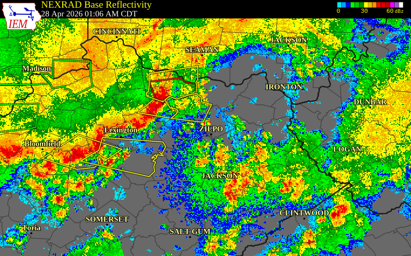NEXRAD radar during the Tuesday, April 28, 2026 storm activity in Bath County, Kentucky