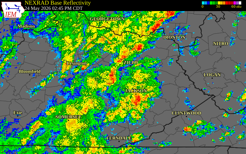 NEXRAD radar during the Sunday, May 24, 2026 storm activity in Bath County, Kentucky