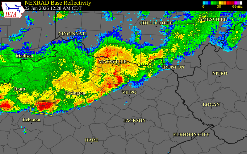 NEXRAD radar during the Monday, June 22, 2026 storm activity in Bath County, Kentucky
