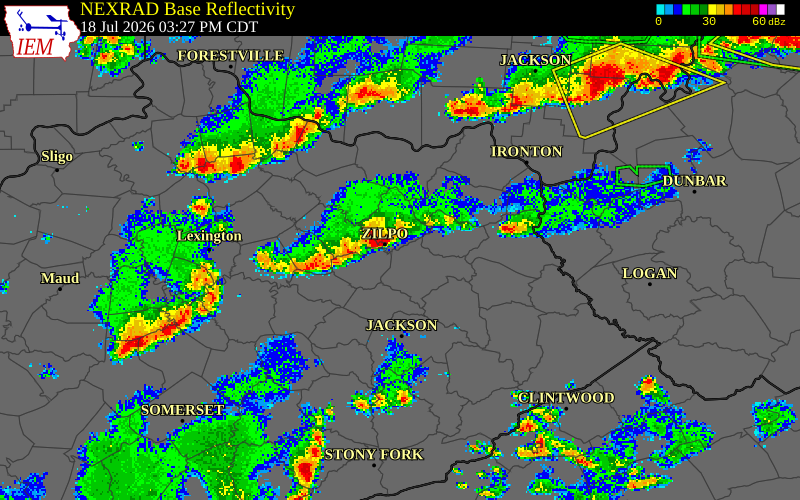 NEXRAD radar during the Saturday, July 18, 2026 storm activity in Bath County, Kentucky