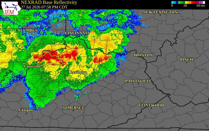 Radar snapshot during the Jul 27, 2026 wind event near Bath County, Bath County, Kentucky, with NWS warning polygons