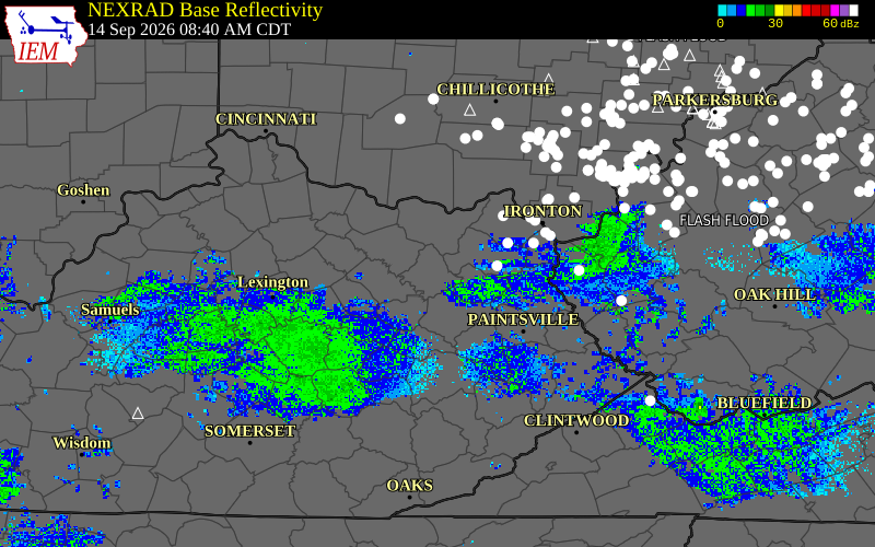 Current NEXRAD radar over Bath County, Kentucky with recent storm report locations