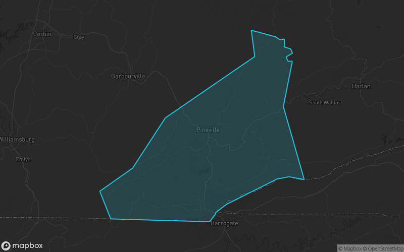Map of Bell County, Kentucky showing the county boundary and surrounding cities