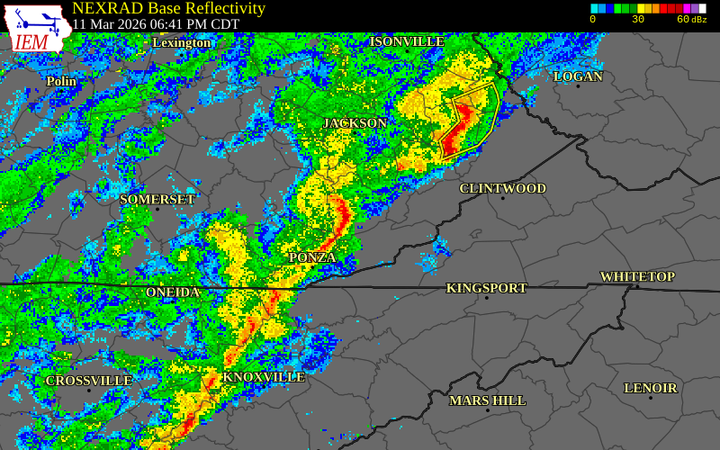 NEXRAD radar during the Wednesday, March 11, 2026 storm activity in Bell County, Kentucky