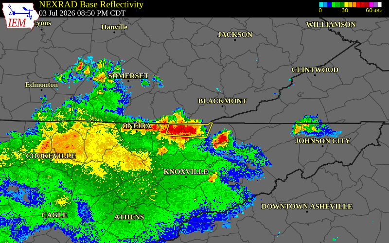 NEXRAD radar during the Friday, July 3, 2026 storm activity in Bell County, Kentucky