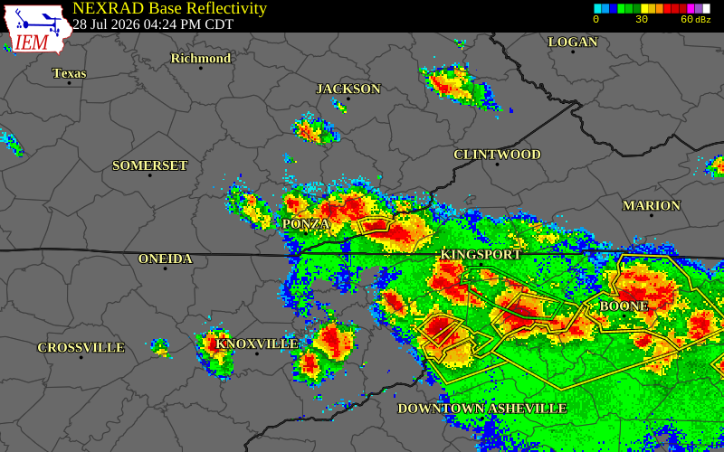 NEXRAD radar during the Tuesday, July 28, 2026 storm activity in Bell County, Kentucky
