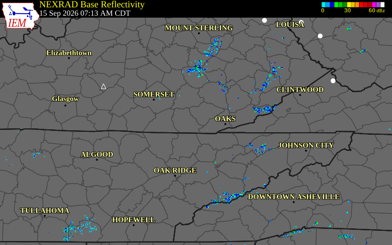 Current NEXRAD radar over Bell County, Kentucky with recent storm report locations