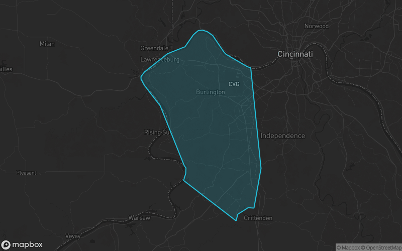 Map of Boone County, Kentucky showing the county boundary and surrounding cities