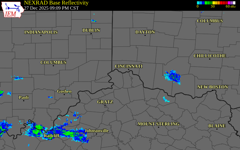 NEXRAD radar during the Saturday, December 27, 2025 storm activity in Boone County, Kentucky