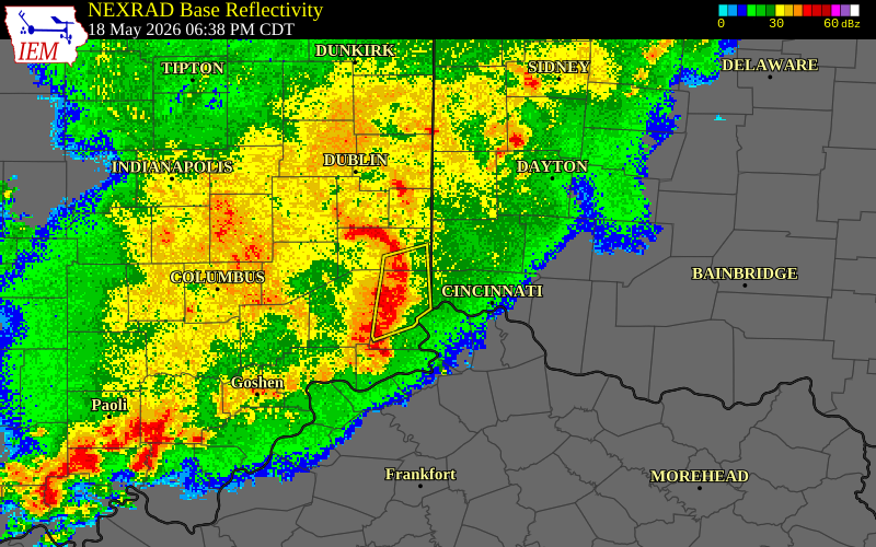 NEXRAD radar during the Monday, May 18, 2026 storm activity in Boone County, Kentucky