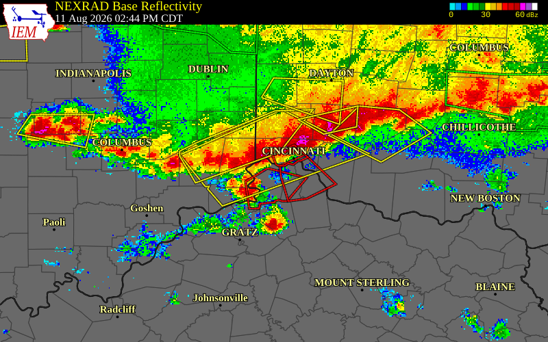 NEXRAD radar during the Tuesday, August 11, 2026 storm activity in Boone County, Kentucky