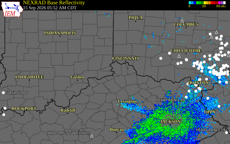 Current NEXRAD radar over Boone County, Kentucky with recent storm report locations