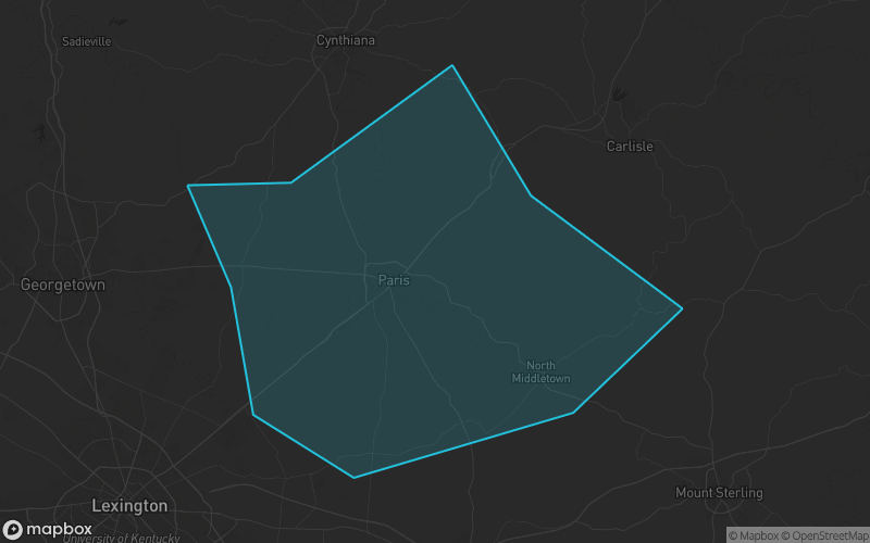 Map of Bourbon County, Kentucky showing the county boundary and surrounding cities