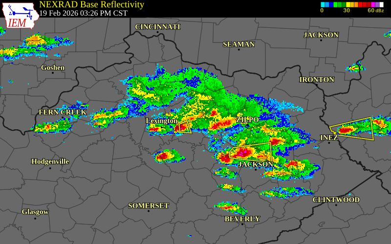 NEXRAD radar during the Thursday, February 19, 2026 storm activity in Bourbon County, Kentucky
