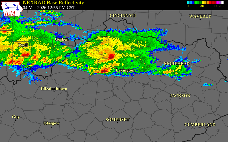 NEXRAD radar during the Wednesday, March 4, 2026 storm activity in Bourbon County, Kentucky
