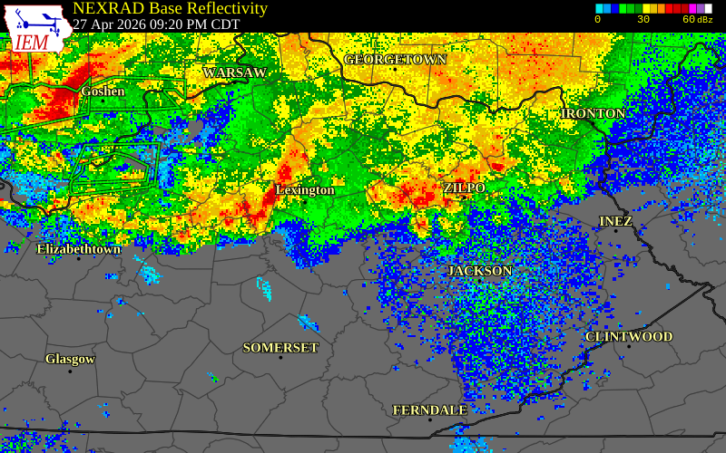 NEXRAD radar during the Monday, April 27, 2026 storm activity in Bourbon County, Kentucky