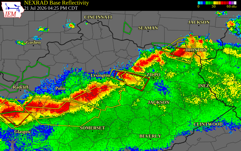 NEXRAD radar during the Tuesday, July 21, 2026 storm activity in Bourbon County, Kentucky