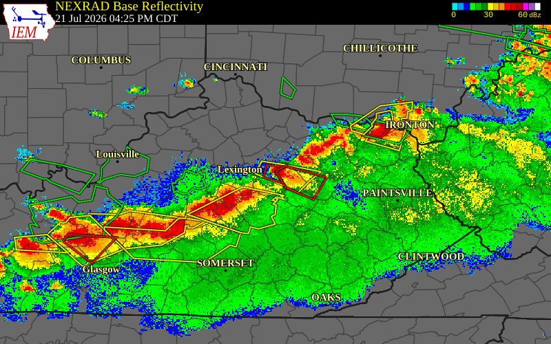 Radar snapshot during the Jul 21, 2026 tornado event near 2 SSE North Middletown, Bourbon County, Kentucky, with NWS warning polygons