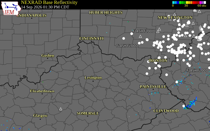 Current NEXRAD radar over Bourbon County, Kentucky with recent storm report locations