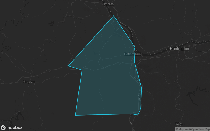 Map of Boyd County, Kentucky showing the county boundary and surrounding cities