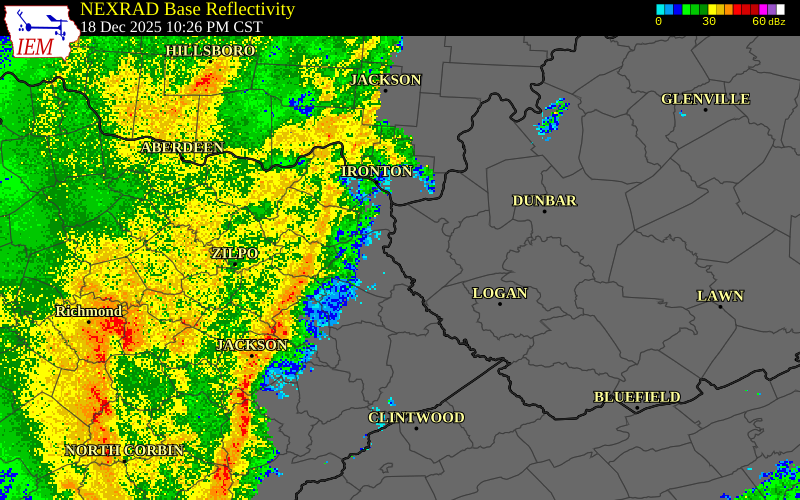 NEXRAD radar during the Thursday, December 18, 2025 storm activity in Boyd County, Kentucky