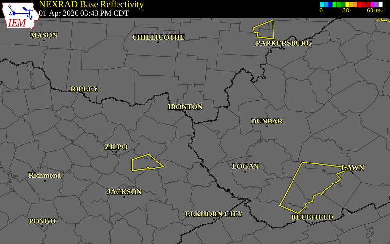 NEXRAD radar during the Wednesday, April 1, 2026 storm activity in Boyd County, Kentucky