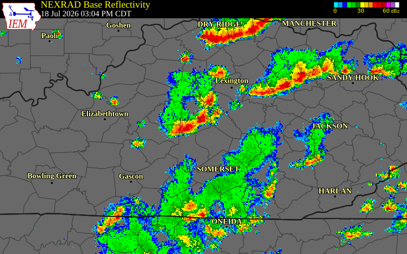 NEXRAD radar during the Saturday, July 18, 2026 storm activity in Boyle County, Kentucky