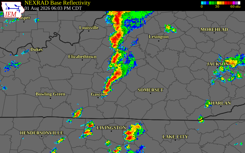 NEXRAD radar during the Saturday, August 1, 2026 storm activity in Boyle County, Kentucky