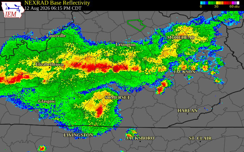NEXRAD radar during the Wednesday, August 12, 2026 storm activity in Boyle County, Kentucky