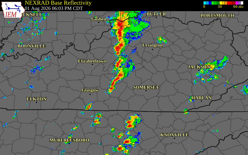 Radar snapshot during the Aug 1, 2026 wind event near Boyle County, Boyle County, Kentucky, with NWS warning polygons
