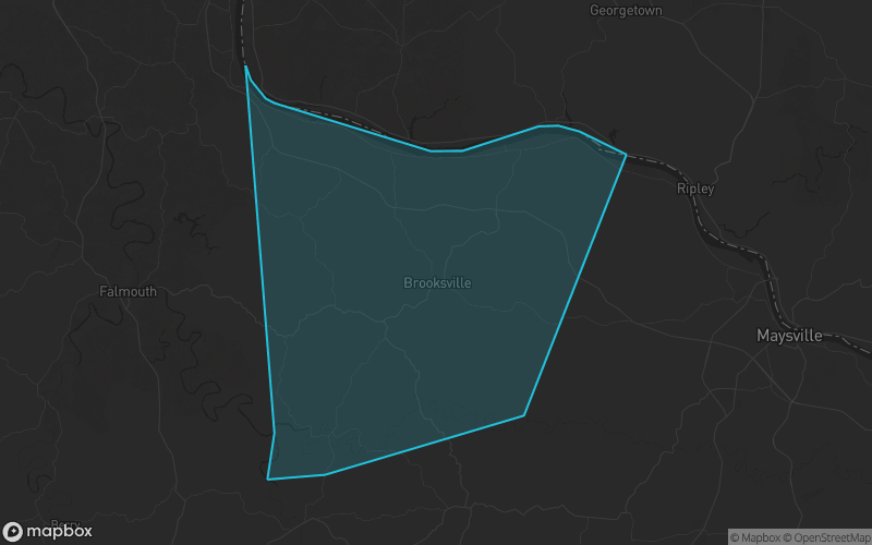Map of Bracken County, Kentucky showing the county boundary and surrounding cities