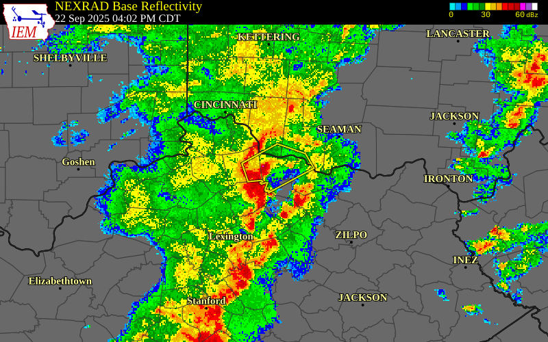 NEXRAD radar during the Monday, September 22, 2025 storm activity in Bracken County, Kentucky