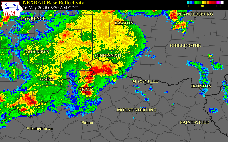 NEXRAD radar during the Saturday, May 16, 2026 storm activity in Bracken County, Kentucky