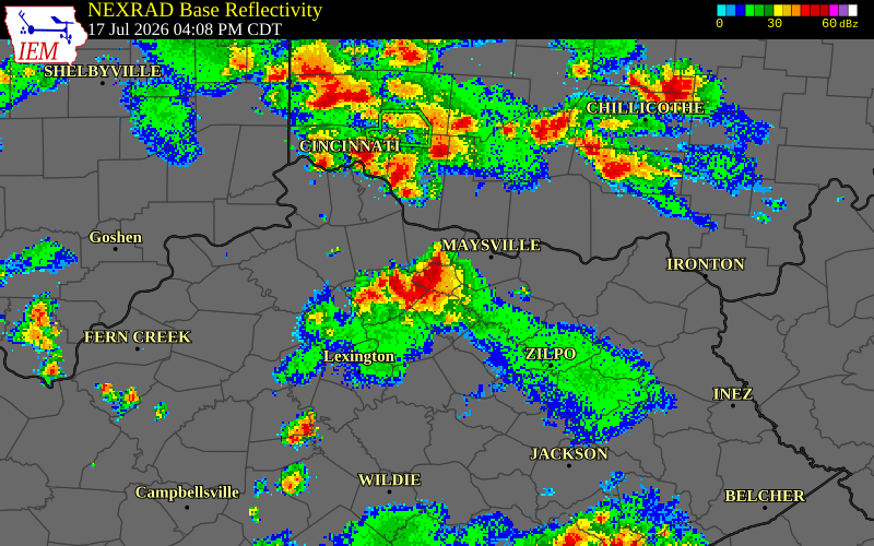 NEXRAD radar during the Friday, July 17, 2026 storm activity in Bracken County, Kentucky