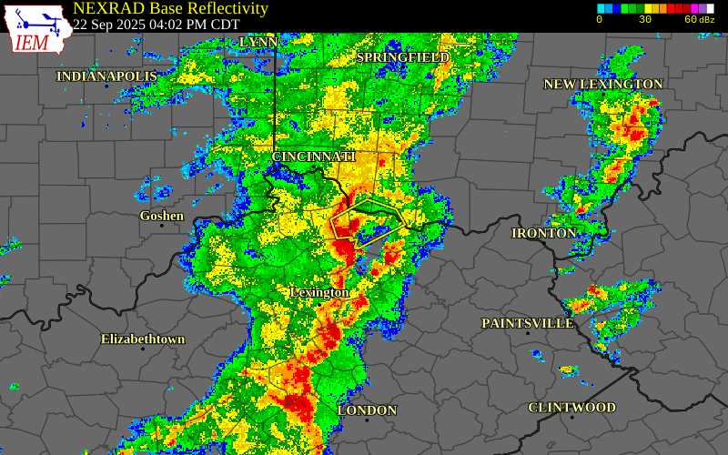 Radar snapshot during the Sep 22, 2025 tornado event near 3 SW Brooksville, Bracken County, Kentucky, with NWS warning polygons