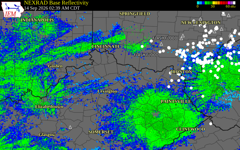 Current NEXRAD radar over Bracken County, Kentucky with recent storm report locations