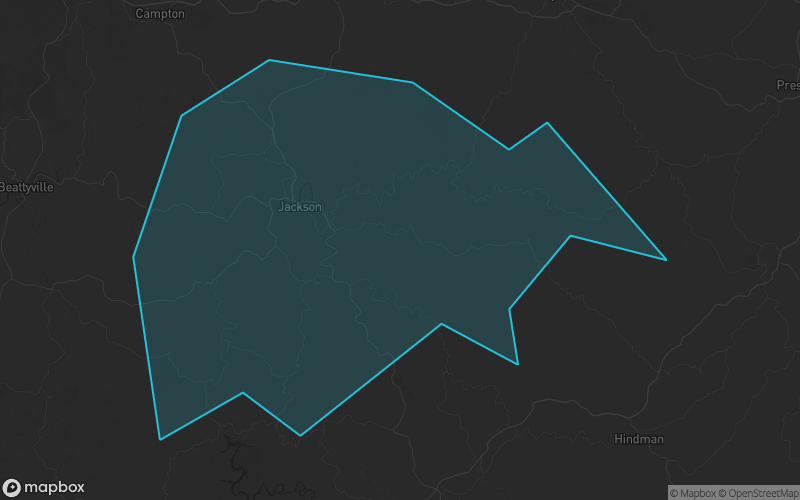 Map of Breathitt County, Kentucky showing the county boundary and surrounding cities