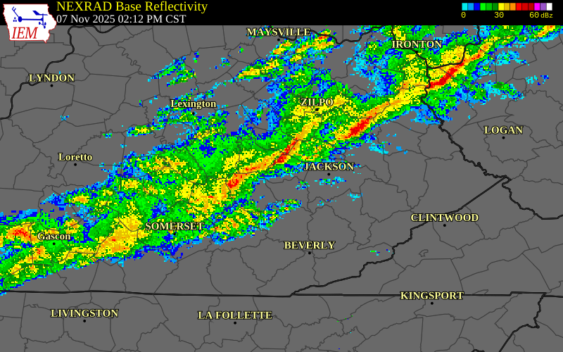 NEXRAD radar during the Friday, November 7, 2025 storm activity in Breathitt County, Kentucky