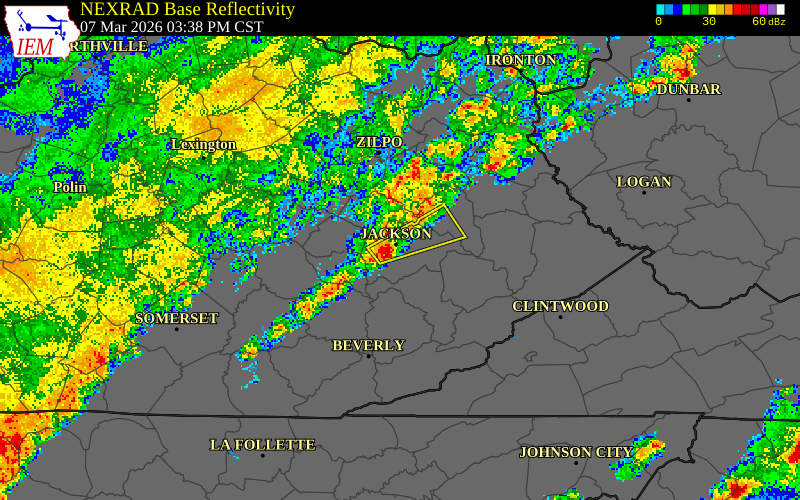 NEXRAD radar during the Saturday, March 7, 2026 storm activity in Breathitt County, Kentucky