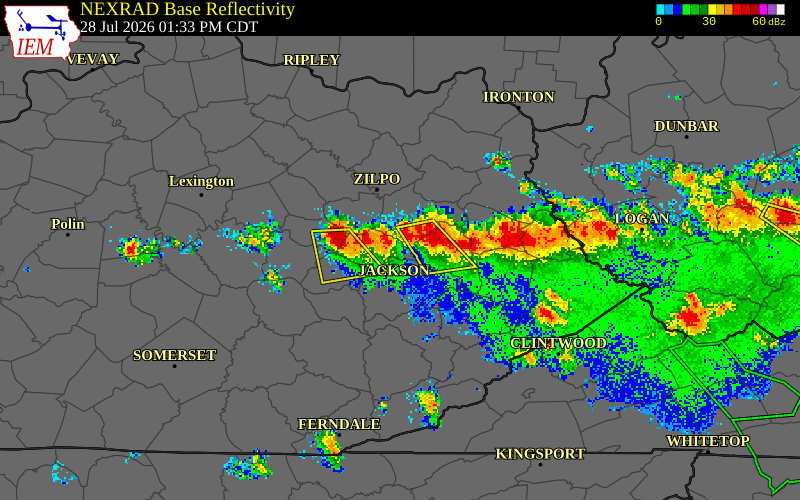 NEXRAD radar during the Tuesday, July 28, 2026 storm activity in Breathitt County, Kentucky