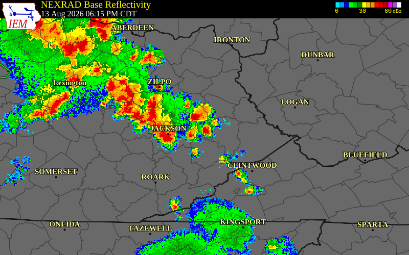 NEXRAD radar during the Thursday, August 13, 2026 storm activity in Breathitt County, Kentucky