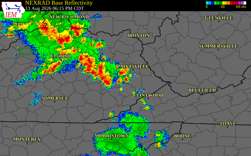 Radar snapshot during the Aug 13, 2026 wind event near Breathitt County, Breathitt County, Kentucky, with NWS warning polygons