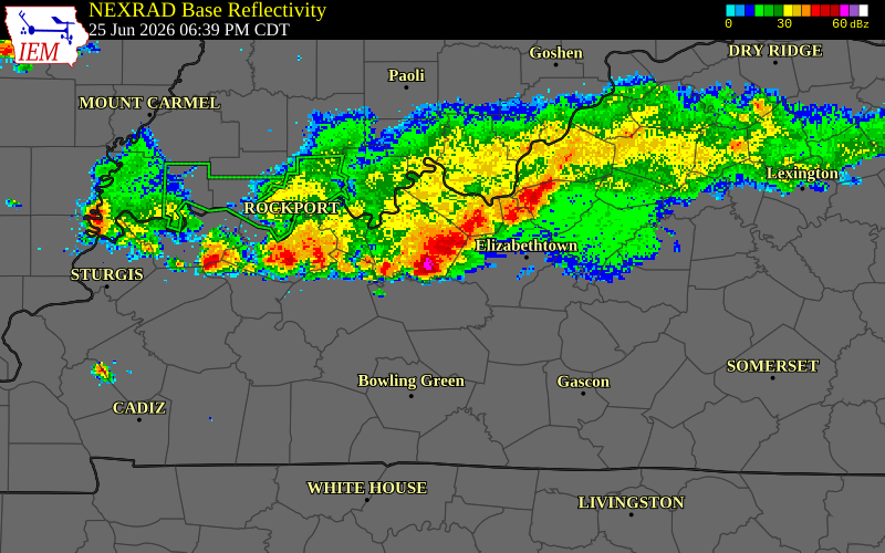 NEXRAD radar during the Thursday, June 25, 2026 storm activity in Breckinridge County, Kentucky
