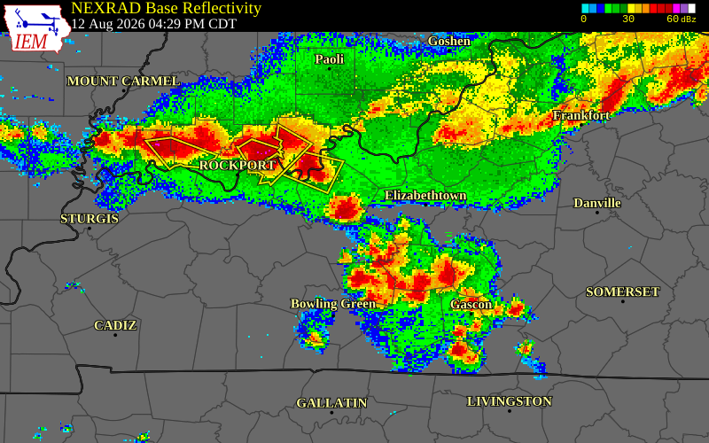 NEXRAD radar during the Wednesday, August 12, 2026 storm activity in Breckinridge County, Kentucky
