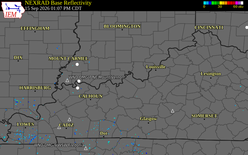 Current NEXRAD radar over Breckinridge County, Kentucky with recent storm report locations